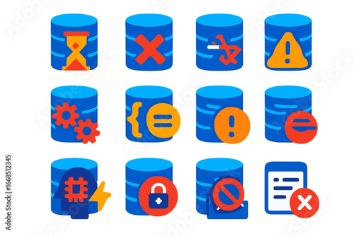 Database Error Icons. Flat vector icons of Database Errors: timeout warning, connection failed, deadlock alert, syntax error,
