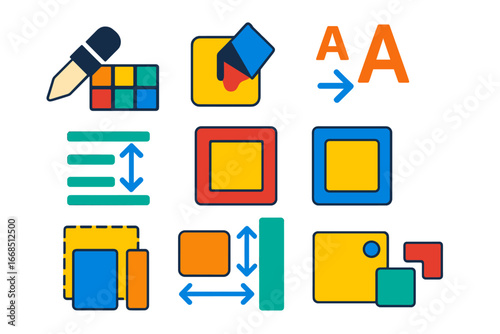 Modern CSS Icons. Flat vector icons of CSS Properties: color picker, background fill, font size, line height, margin icon, padding