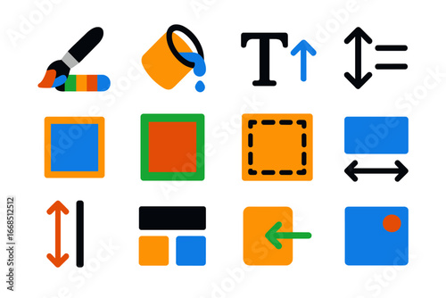 Modern CSS Icons. Flat vector icons of CSS Properties: color picker, background fill, font size, line height, margin icon, padding