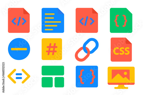 CSS Styling Icons. Flat vector icons of CSS Integration with HTML: style tag, external stylesheet, inline style, embedded style,