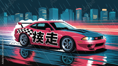 A sleek red sports car speeds down a city street, a blur of motion and classic design