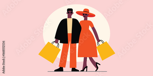 A fashionable couple stands side-by-side, enjoying a leisurely day of shopping with their bags in hand, all presented in a modern illustration.