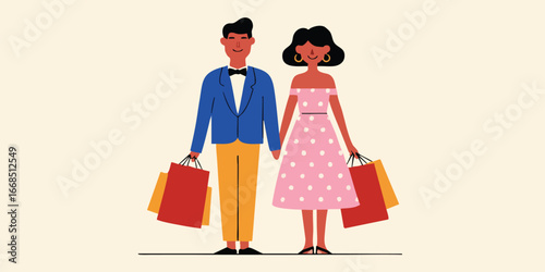 An illustration of a happy couple holding shopping bags, full of the anticipation of shopping! This image captures the joy of shopping and the beauty of the couple's love.