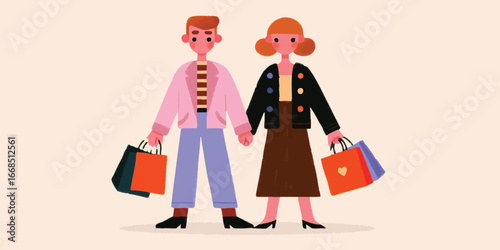 A cheerful couple holding hands, arms linked, clutching shopping bags, embarking on a delightful shopping spree, all in a vibrant illustration, radiating joy and style.