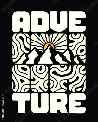 T-shirt Design of a Retro Adventure Graphic with Mountains and Sun Design for Outdoor Enthusiasts and Nature Lovers Featuring Bold Text