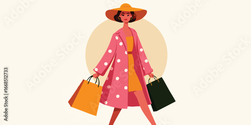 A stylish woman exudes confidence while shopping, holding colorful bags filled with fashionable items. The cartoon illustration captures her vibrant energy and love for shopping.