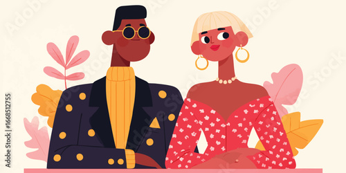 An elegantly styled couple, a testament to modern romance. The illustration showcases their fashion-forward attire and the harmonious blend of their styles against a soft backdrop.