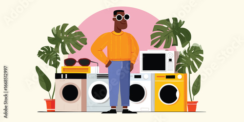 A fashionable individual stands confidently amidst a curated collection of household appliances, a statement about style and home living.