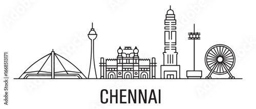 Chennai Line Art Skyline Travel to India. with white background