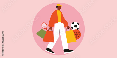 A person navigates a world of sport and leisure. person carries a collection of sports equipment and shopping bags, with a focused expression.
