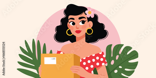 A charming illustration portrays a stylish woman, embodying a tropical theme, tenderly holding a package. Embracing the beauty of nature and a touch of retro elegance.