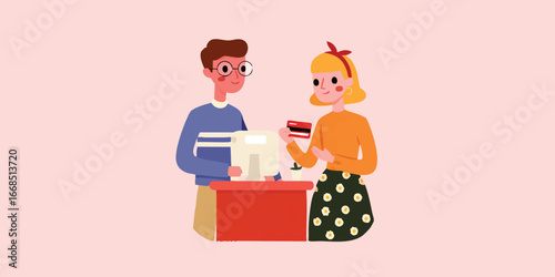 A modern, clean illustration of a cashier transaction, a customer and shopkeeper working together at the register with the card, transaction and cash.
