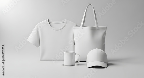 An assortment of blank merchandise in a simple still life, creating a clean and modern
