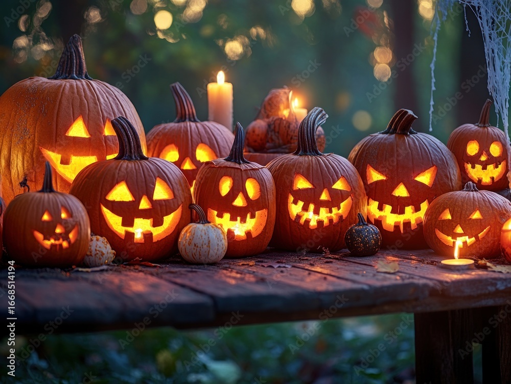 Fototapeta premium Spooky jack o lanterns glowing on a wooden table in the dark night