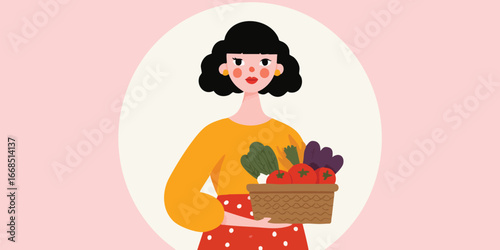 A vibrant illustration of a woman cheerfully holding a basket overflowing with fresh, colorful produce, embodying the essence of health and the joys of a bountiful harvest.