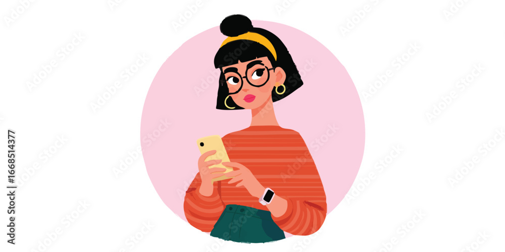 Naklejka premium A fashionable woman intently engaged with her smartphone, within a vibrant circle, embodying the essence of modern connectivity.