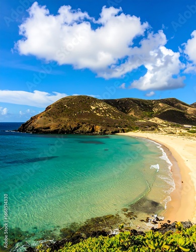 Tropical beach landscape with turquoise water and hills