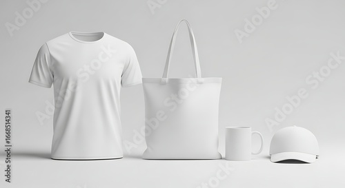 Blank white shirt, tote bag, mug, and hat arranged together on clean background.