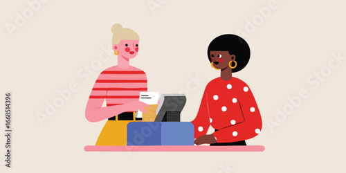 An Illustration of a customer service interaction at a modern, minimalistic checkout, personifying a commerce setting and a friendly point-of-sale encounter.