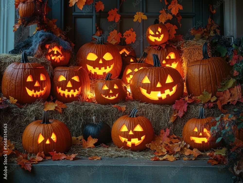 Obraz premium Spooky halloween pumpkins glowing with carved faces on hay bales display