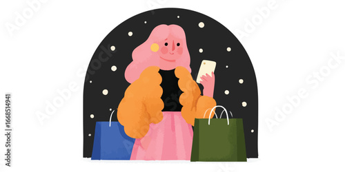 A stylish shopper, engrossed in her phone, clutches shopping bags, capturing the modern shopping experience.