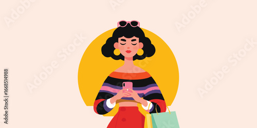 An illustrated woman engrossed in her phone while on a shopping spree, the warm glow of a sun illuminates her and the shopping bags she carries, a whimsical and colorful portrayal of modern lifestyle.