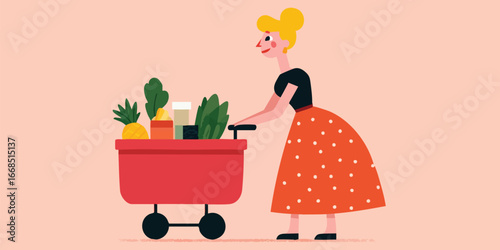 A vibrant illustration shows a woman with a shopping cart full of fresh groceries, embodying a lifestyle of healthy eating and mindful consumption. The scene radiates freshness and vitality.