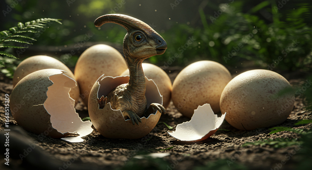 Fototapeta premium A tiny baby Parasaurolophus dinosaur hatches from its egg, marking a new beginning in a prehistoric jungle