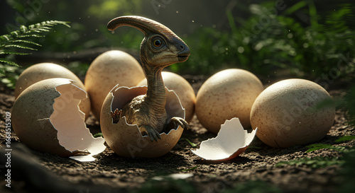 A tiny baby Parasaurolophus dinosaur hatches from its egg, marking a new beginning in a prehistoric jungle