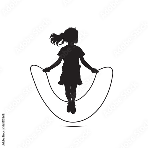 Vector art of silhouette of a young girl jumping rope, skipping with a jump rope