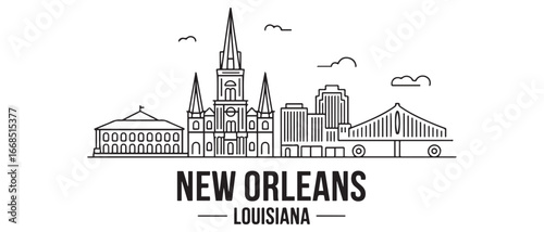New Orleans skyline with Louisiana, and USA Line art. with white background