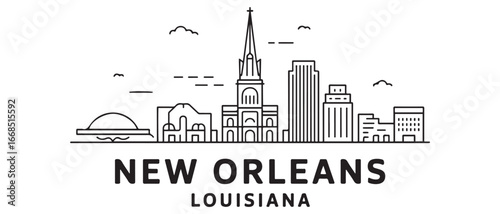 New Orleans skyline with Louisiana, and USA Line art. with white background