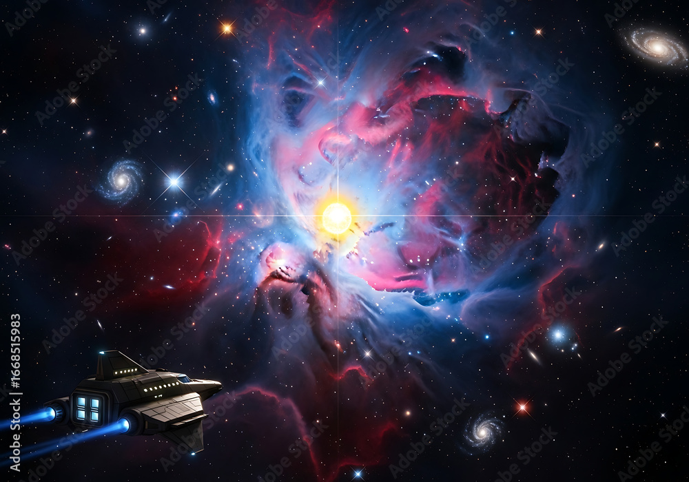 Obraz premium Astronaut gazes in awe at a vibrant cosmic nebula filled with stars and glowing gas clouds in deep space