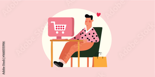 A man enjoys online shopping from the comfort of his home, surrounded by shopping elements. This illustration captures the modern convenience and joy of retail therapy.
