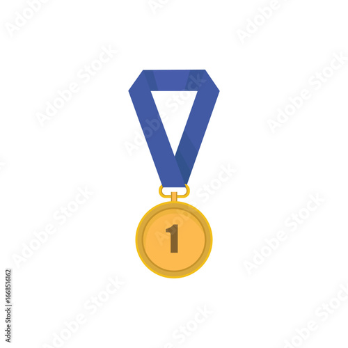 Gold medal with number one and blue ribbon isolated on white background. Perfect for sports, achievement, award, victory, success, competition, champion, prize, and recognition themes.
