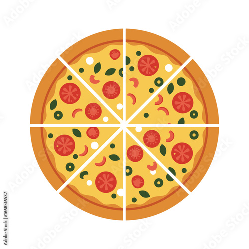 A delicious pepperoni pizza cut into slices with various toppings