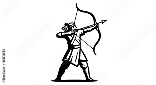 archer aiming bow and arrow, warrior, archery, combat, competition, skill, target practice, illustration, graphic design, black and white