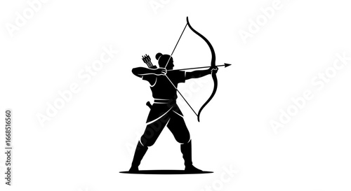 archer silhouette powerful warrior, bow and arrow, aiming, ancient art, black and white graphic