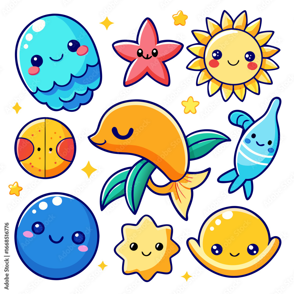 Fototapeta premium Cute kawaii sea animals cartoon characters illustration set for kids, children, baby, fun, party, birthday, holiday, summer design