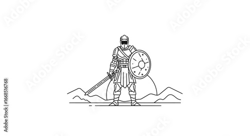 brave knight, sword, shield, line art, medieval warrior, epic battle, fantasy illustration, game asset, hero, defender