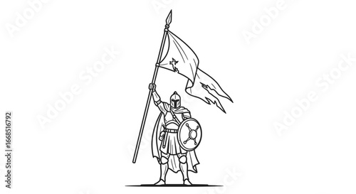 brave knight, medieval warrior, holding flag, line art, hero, victory, battle, shield, power, strength, courage