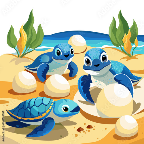 Three cute baby sea turtles are hatching from their eggs on the beach, with the ocean in the background, a colorful and playful illustration