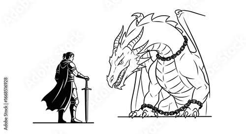 chained dragon and brave knight fantasy art, medieval illustration, epic showdown