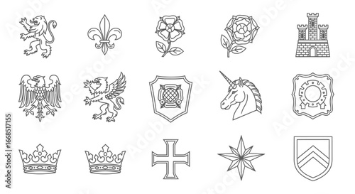 collection of heraldic symbols crowns, lions, unicorns, fleurdelis, and more
