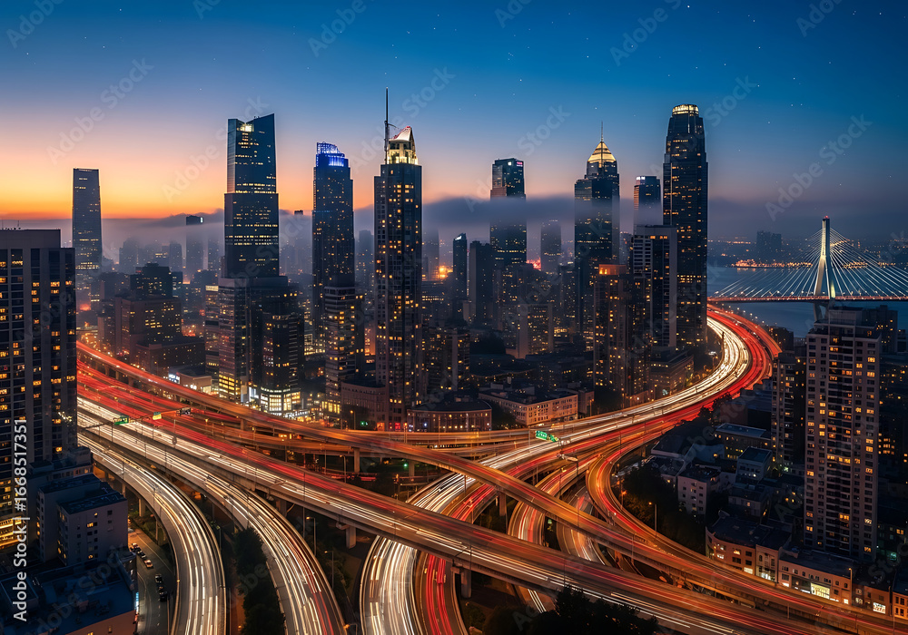 Fototapeta premium Vibrant cityscape at dusk with illuminated skyscrapers and flowing traffic on multi level highways creating light trails