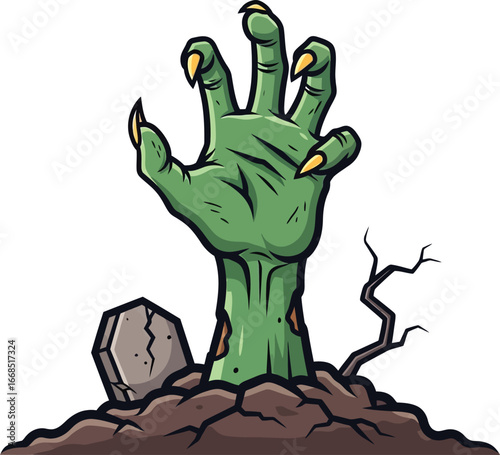 Spooky Halloween Zombie Hand Rising from Grave Illustration