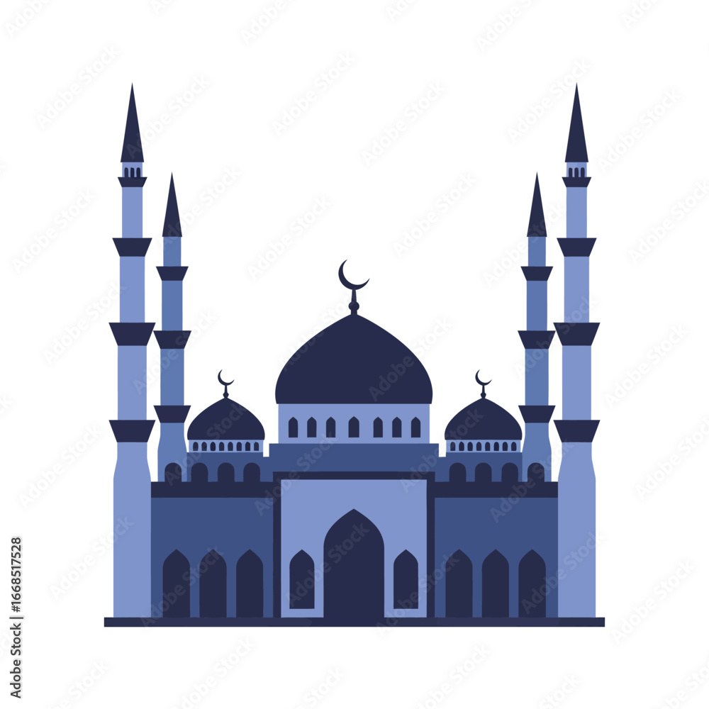 Fototapeta premium A blue mosque with multiple domes and minarets on a white background