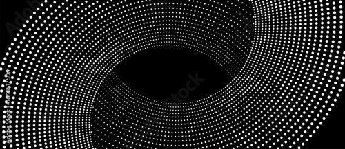 Two parts of circles as halftone dotted abstract background. White dots on black background.