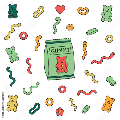 Candy chewy jelly vitamins vector illustration set. Colorful glossy sweet juicy gummy bear and dragon, marmalade soft sugar fruit and berry to chew, pharmacy drugstore kid collection isolated on white