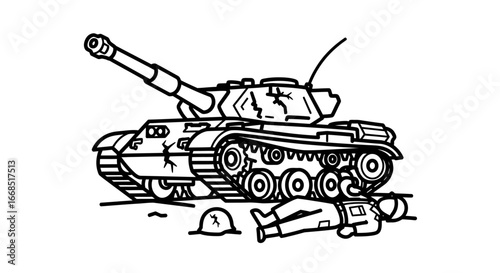 damaged tank, fallen soldiers, war scene, military illustration, combat, destruction, line art
